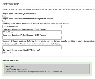 SPF Wizard ile SPF kaydı yapılandırma ekranı
