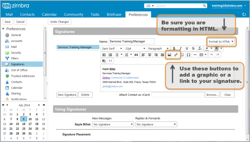 Zimbra e-posta imzası HTML düzenleyici ekranı