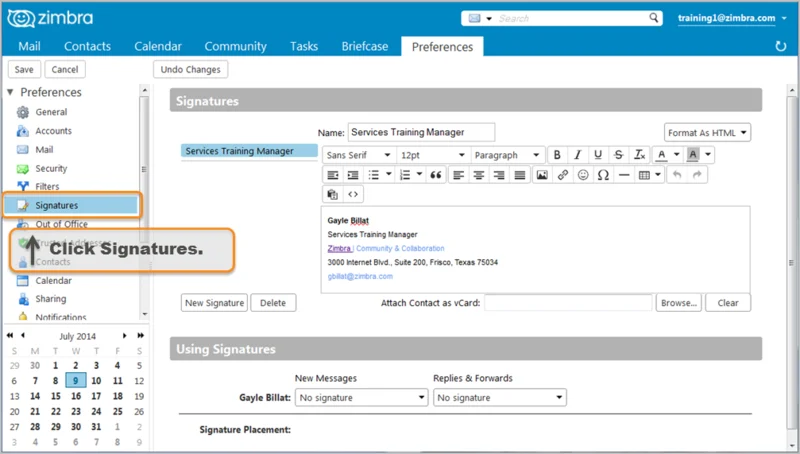 Zimbra Web Client imza tercihleri ekranı