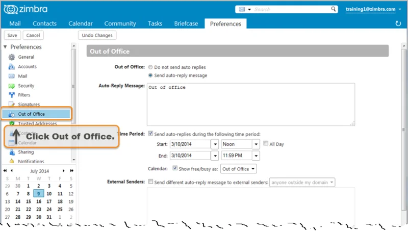Zimbra ofis dışı mesajı tercihler ekranı