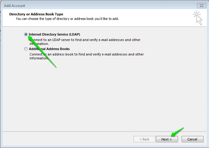 Outlook LDAP dizin servisi bağlantı ekranı