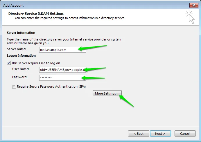 Outlook LDAP yapılandırma detayları ekranı