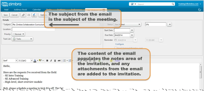 Zimbra görev oluşturma penceresi e-posta bilgileriyle dolu