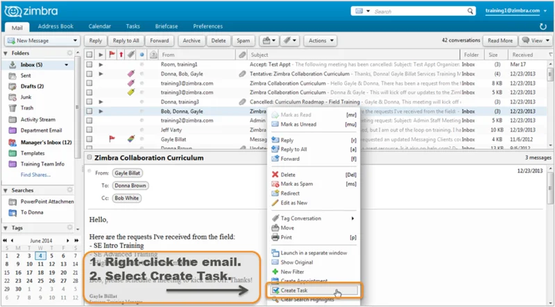 Zimbra e-postadan görev oluşturma sağ tık menüsü